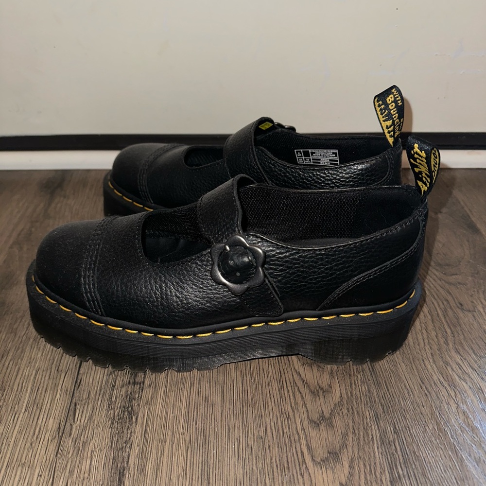 Dr. Martens Black Mary Jane Platform Shoes with Yellow Stitching